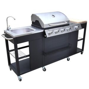 Barbecue à gaz 4 + 1 brûleurs, évier avec ustensiles offerts !