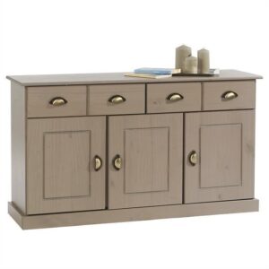 Buffet PARIS commode bahut vaisselier avec 3 portes battantes et 2 tiroirs pin massif lasuré taupe