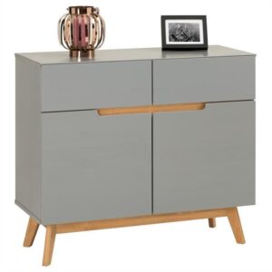 Buffet TIBOR style scandinave design vintage nordique commode bahut vaisselier avec 2 tiroirs et 2 portes, en pin massif lasuré gris