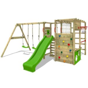 Portique en bois Tour d´escalade avec balançoire, toboggan et bac à sable